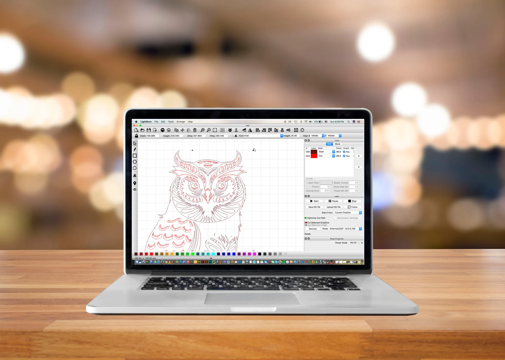 LightBurn software interface showing easy-to-use design tools